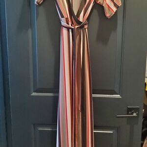 New York & Company Striped Maxi Dress - Red, White, Brown